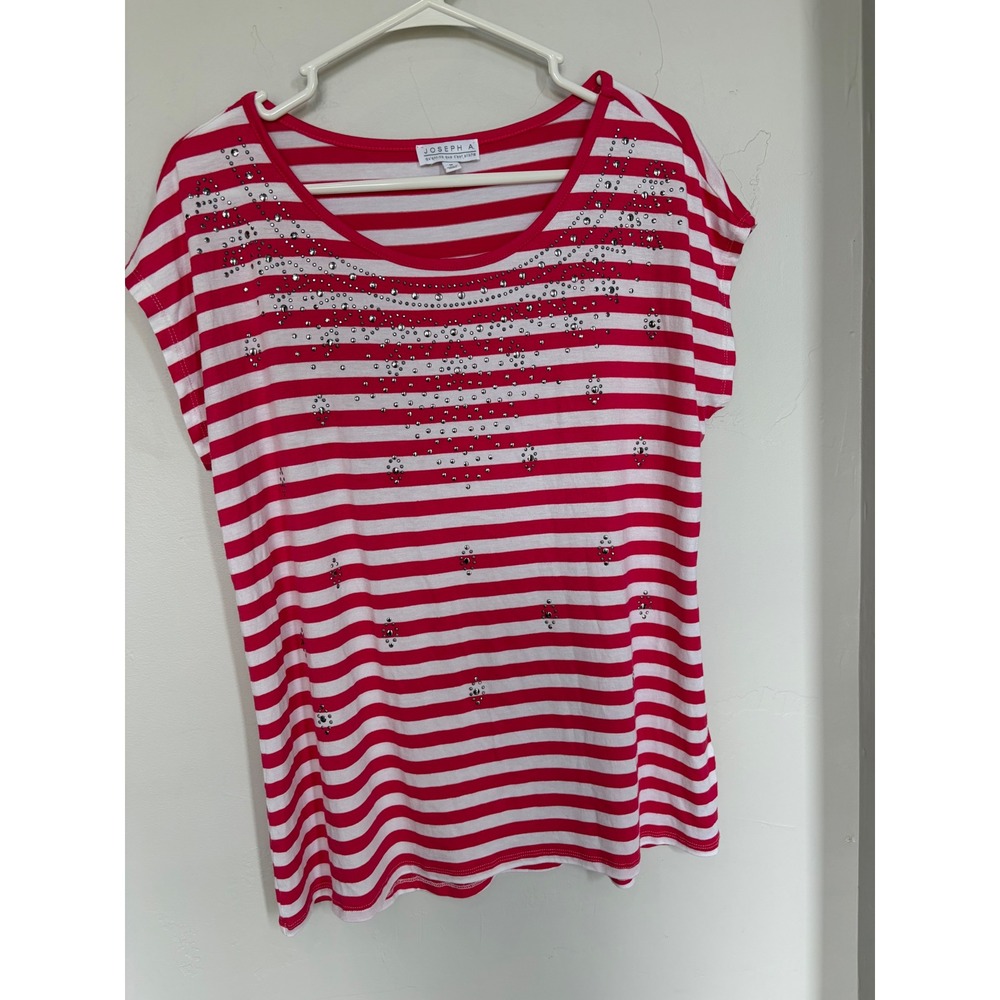 Joseph A Pink White Striped Studded Rhinestone Scoop Neck Top Womens Medium